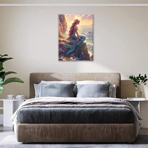 Mermaid Canvas Wall Art Ocean Pictures Mermaid Painting Coastal Prints Modern Artwork for Bathroom Living Room Bedroom Office Framed Wall Decor 20"x24"