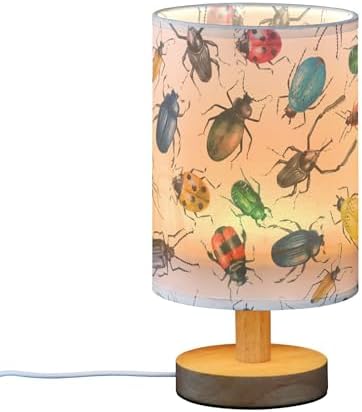 Table Lamp Watercolor Insect Beetle Pattern Nightstand Lamp with Wood Base Fabric Lamp Shade Bedside Desk Lamp for Living Room Bedroom Kids Room Office