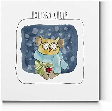 Renditions Gallery Abstract Animal Wall Art for Home Decor Christmas Owl Holding gift in a Snow Canvas Hanging Artwork for Dining Living Room Kitchen Decorations - 24"X24" LT05