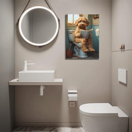 Yaneiro Funny Bathroom Canvas Wall Art-Set of 2 Poodle On Toilet Reading Newspaper Wall Decor Goldendoodle In Shower Humor Animal Poster Picture for Dog Lovers Restroom Ideas Decor 12x16 Inch Framed