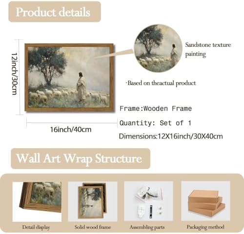 Jesus Leaves the 99 Sheep Wall Art, Frame 3D Textured Hand Drawn Sandstone Christian Wall Decor Paintings, Lost Lamb Religious Artwork for Living Prayer Room Bedroom 12x16 inch Framed