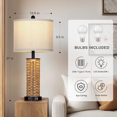 CINSARY 27" Boho Rattan Table Lamps Set of 2, Coastal Bedside Lamp with Night Light, Woven Wicker Bedroom Nightstand Lamps with USB A+C Charging Port, Tall Farmhouse Lamp for Living Room End Table