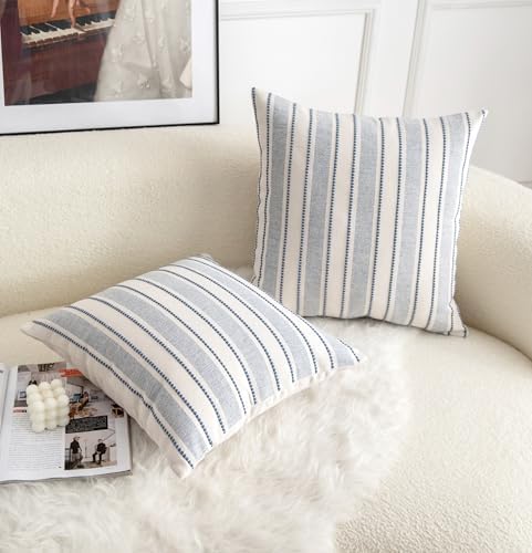 Cethom Decorative Boho Throw Pillow Covers, Farmhouse Textured Pillow Case, 22 x 22 Inch Set of 2, Chair Sofa Bedroom Living Room Home Decor Couch Cushion Case, Classic Blue and Beige Striped