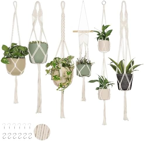 Nook Theory 6-Pack Macrame Plant Hangers with 12 Hooks - Hanging Planters for Indoor Plants, Boho Macrame Hangers Indoor Outdoor, Decorative Plant Hanger Indoor (Cream)