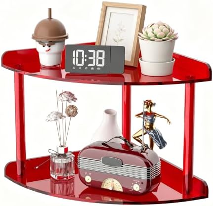 Sezanrpt 2 Tier Acrylic Corner Shelf Organizer Storage 9.5x9.5x8 Inch, Red Countertop Corner Shelf for Bathroom, Kitchen, Bedroom, Office, Study Room
