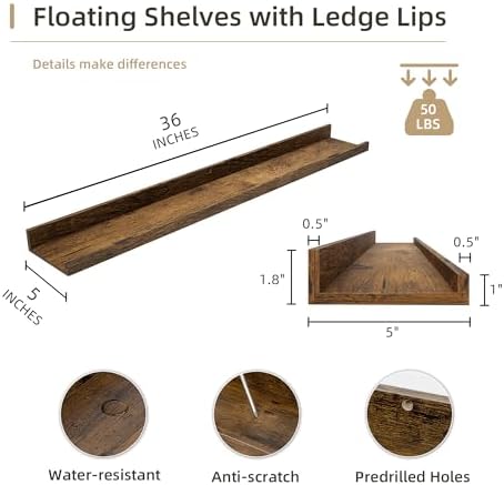 Acovy 36 inch Picture Ledge Shelf, Wood Floating Shelves, Brown, Set of 2