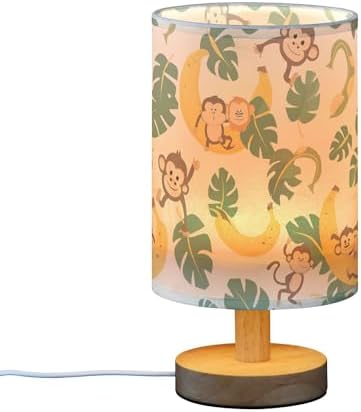 Table Lamp Monkey Banana Monstera Nightstand Lamp with Wood Base Fabric Lamp Shade Bedside Desk Lamp for Living Room Bedroom Kids Room Office