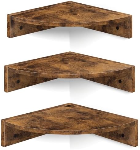 Homode Corner Shelf Wall Mount, Set of 3 Floating Corner Shelves with Cord Hole, 3 Tier Wood Wall Display Shelf, Storage for Bathroom Living Room Kitchen Bedroom, Rustic Brown and Black