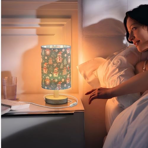 Christmas Brown Bear Bedside Table Lamps with USB Port for Bedroom Lamp Table Lamp Small Nightstand Lamp Snowflake&Fir Trees Patterned Linen Shade Wooden Decorative Lamps for Kids|Reading|Dorm|Home