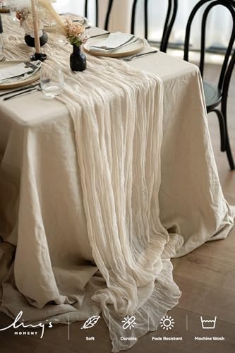 Ling's Moment Ivory Gauze Cheesecloth Table Runner, 14FT (168 Inch)