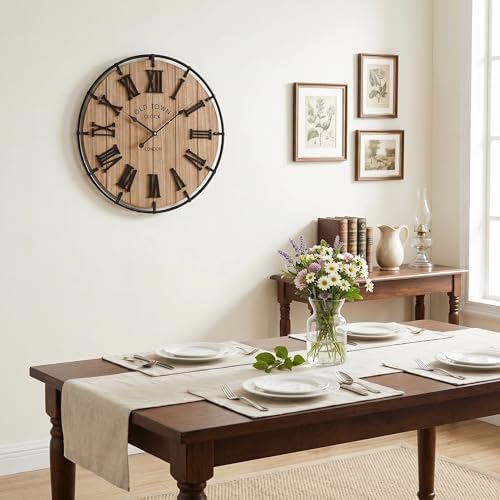 EMAX HOME Inch Modern Farmhouse Wall Clock, Warm Wood-Tone Dial with Black Metal Outer Ring, Silent Non-Ticking Quartz Mechanism, Raised Roman Numerals for Bedroom, Nursery, or Living Room Wall Art
