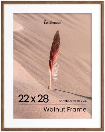 Fun Memories 22x28 Poster Frame, Solid Oak Wood 22x28 Frame Matted to 18x24, 22"x28" Wood Frame with Wall Hook Included (Walnut, 1 Pack)