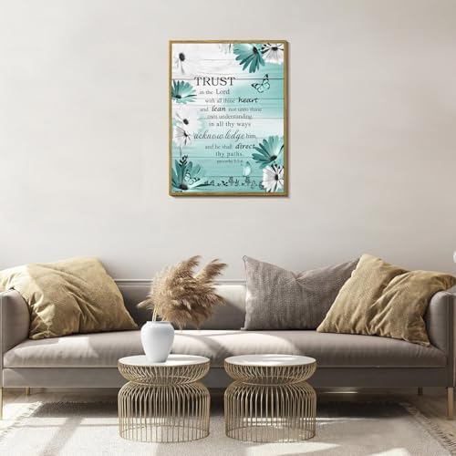 LB Teal Blue Floral Wall Art for Bathroom Bible Verse Framed Canvas Wall Art Wall Paintings Home Decor Daisy Flower Butterfly Wall Pictures for Living Room Bedroom Office Ready To Hang,12x17 Inch