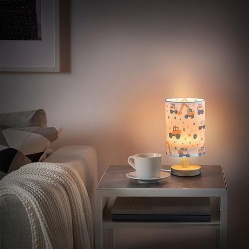 Construction Car Truck Excavator Pattern Table Lamp with Wood Base Fabric Lamp Shade Bedside Nightstand Desk Lamp for Living Room Bedroom Kids Room Office