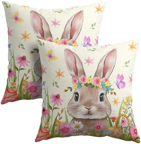 Easter Rabbit Throw Pillow Covers 24x24 Inch Set of 2 Cute Bunny Cotton Linen Square Cushion Case Spring Colorful Floral Easter Theme Decorative Pillowcase for Home Bench Couch Sofa