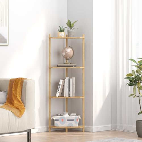 Wisuce Natural Small Corner Shelf Stand, 4-Tier Bamboo Corner Bookshelf