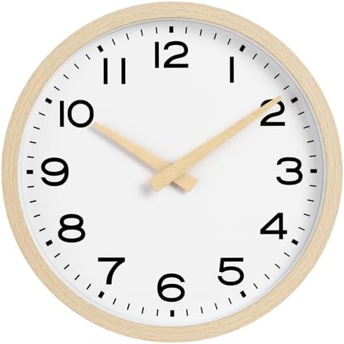 AKCISOT 14 Inch Wall Clock, Silent Battery Operated Analog Clock, Natural | Classroom | Office | Kitchen | Living Room | Garage | Shop | Large Size | Easy-to-read numbers