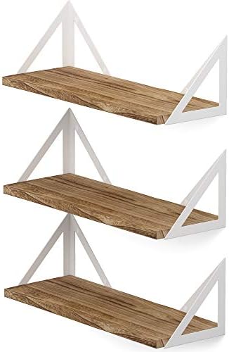 Wallniture Minori Wood Floating Shelves for Wall Storage, Wall Book Shelves for Living Room Decor, Geometric Triangle Shelf Set of 3, Burned Finish