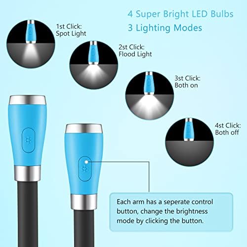 USB Rechargeable Neck Book Light for Reading in Bed, 4 LED Bulbs 4 Adjustable Brightness, Hands Free for Night Jogging or Mending Lamp (Blue)