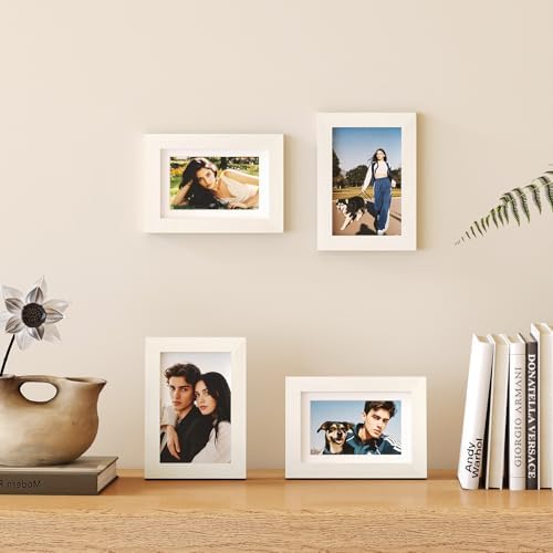 Egofine 4x6 Picture Frames Set of 4, Made of Solid Wood Covered by Plexiglass 3x4.5 and 3.5x5 with Mat or 4x6 without Mat, for Table Top Display and Wall Mounting Photo Frame Beige