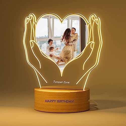 FolHaoth Personalized Photo Acrylic Sign Plaque Gifts for Anniversary Valentines Birthday Customizable LED Night Light Wooden Base Lamps Desk Bedroom Decor Signs
