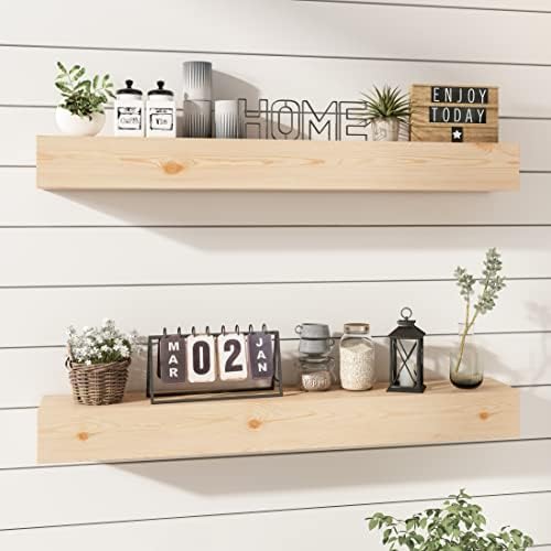 Wall Floating Shelves, Rustic Wood Shelf for Wall Mounted - Wooden Handmade Shelves for Bathroom Kitchen Livingroom - No Stain - DIY(Unfinished, 36 Inch - 2 Pack)