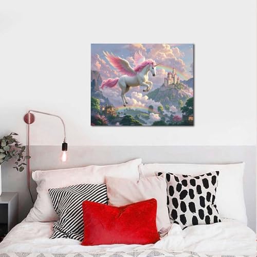 Crekviy Pink Unicorn Wall Art Fantasy Unicorn Bedroom Decor for Girls Magical Canvas Prints Painting Pictures Artwork Decorations for Nursery Room Bathroom Framed Kids Gifts 16"x20"