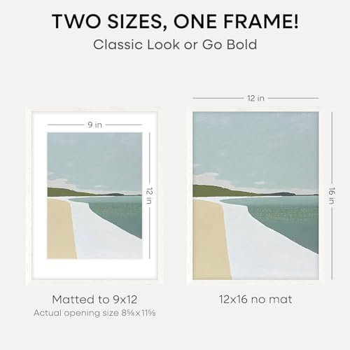 Homeforia 12x16 White Oak Picture Frame, High-End Wood, 9x12 Mat, Glass
