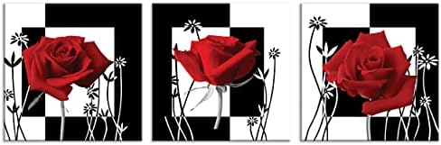 NAN Wind 3 pc Red Rose Wall Decor Black and White Red Rose Pictures for Wall Canvas Art Bedroom Decor Red Wall Art Flower Picture on Canvas for Home Decor Stretched and Framed 12X12inches