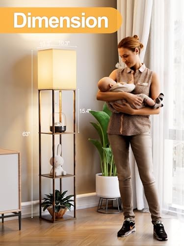 Floor Lamp with Shelves for Living Room Brown, Shelf Floor Lamp with 3 CCT LED Bulb, Corner Display Standing Column Lamp Etagere Organizer Tower Nightstand with White Linen Shade for Bedroom