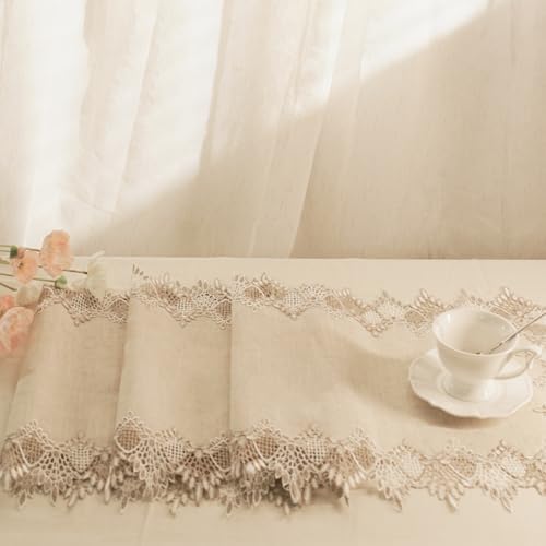 Phantomon Neutral Linen Table Runner 72 Inches Beige Embroidered Runner Lace Centerpiece for Dresser Tops, Dining Tables, Coffe Table and Home Decorations for Farmerhouse (Beige, 16 X 72 Inch)