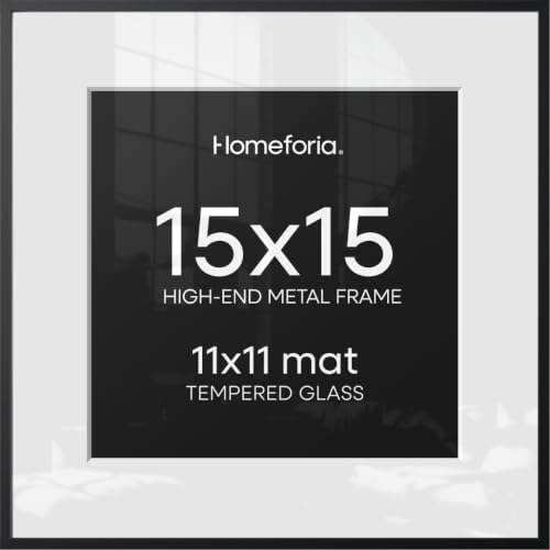 Homeforia 15x15 Black Picture Frame, High-End Metal, 11x11 Mat, Glass