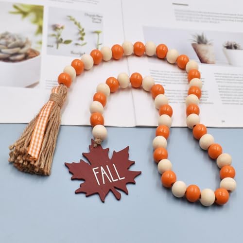 IMIKEYA Thanksgiving Wooden Beads Garland: Farmhouse Wood Bead Garland Hanging Wood with Tassel Maple Leaves Pumpkin for Halloween Party Thanksgiving Fall Harvest Decor