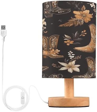 Western Cowboy Boots Flowers LED Table Lamp for Bedroom Bedside Lamp with USB Charging Ports Decor Nightstand for Living Room Reading Dorm Desk Home Office