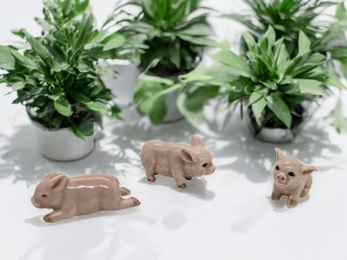 WitnyStore Tiny 1½" Pink Crouching Baby Pig Figurine - Miniature Hand Made Painted Ceramic Pigs Swine Hog Piglet Livestock Farm Animal Cute Porcelain Decorative Figure Collectible Figurines Décor Gift