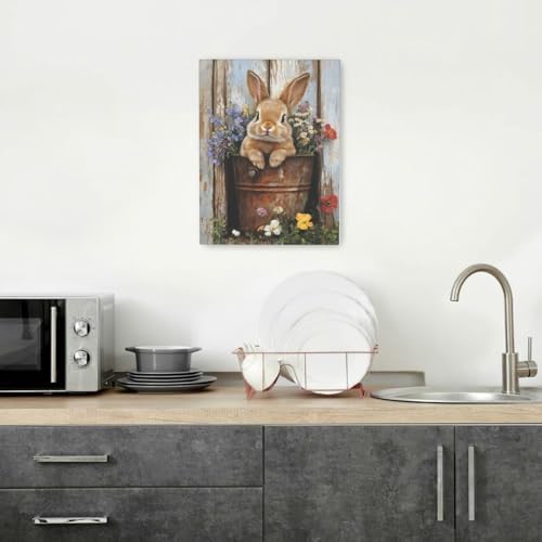Crekviy Farmhouse Rabbit Decor Wall Art Vintage Bunny Flower Canvas Prints Painting Rustic Cute Animal Artwork Home Decorations for Bathroom Bedroom Living Room Framed Gifts 12"x16"