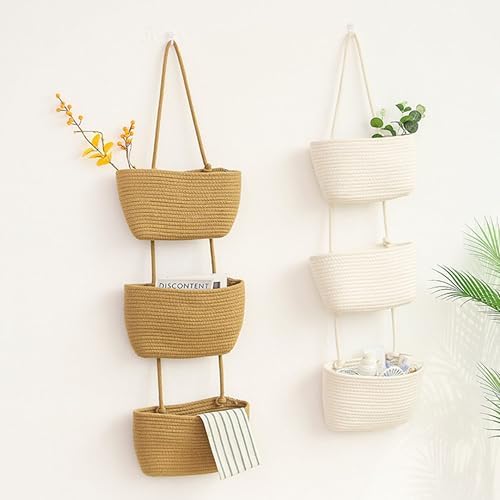 AARAINBOW Wall Hanging Cotton Baskets, Large 3 Tier Decorative Basket for Wall, Nursery, Bathroom, Boho Organizing (B-White)