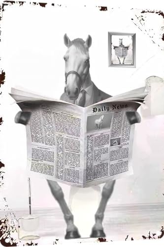 Metal Tin Sign Vintage Horse Toilet Reading Newspaper Humour Funny Animal Whimsy Animal for Home, Bathroom and Toilet Wall Decor 12x16 Inch(812B)
