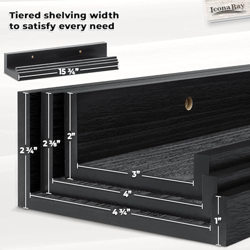 Icona Bay 16 Inch Floating Shelves for Wall - Set of 3 in Ebony Black - Modern Rustic Style - Wall Mounted Display Shelves - Picture Ledges