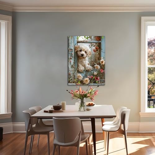 Framed Poodle Canvas Wall Art, Funny Teddy Dog Poster Print, Abstract Dog Standing Among Flowers Painting Wall Decor for Dormitory Restroom Bedroom Kids Room Decor 12x16 inch