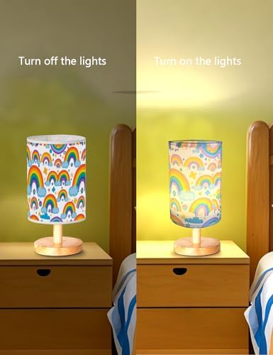 Rainbow Lamp, Girls Lamps for Bedroom, 3 Level Dimmable Wood Nightstand Desk Base Flaxen Fabric Shade for Bedroom Living Room, Rainbow Night Light Gifts for Girls