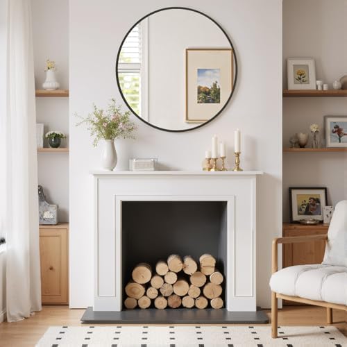 Round Wall Mirror 24 Inch Black Vanity Mirror with Metal Frame | Modern Circle Wall Mounted Decorative Mirrors for Bathroom, Entryway, Bedroom, Living Room