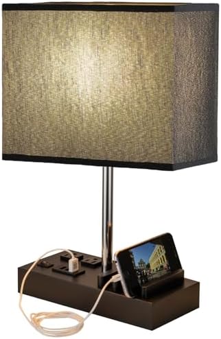 Briever USB Table Lamp, Multi-Functional Desk Lamp with 2 AC Outlets, Bedside Lamp with 3 USB Charging Ports and Wooden Phone Stands, Nightstand Lamp for Bedroom, Livingroom, Office, Black Shade