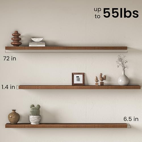 72 Inch Floating Shelves for Wall, Rustic Wood Wall Mounted Deep Storage Shelves with Invisible Brackets, Panoramic Decorative Display Ledge for Living Room Bedroom and Kitchen, Set of 2, Rustic Brown