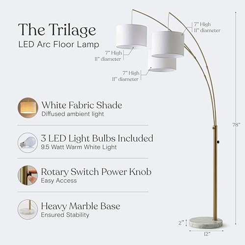 Brightech Trilage Arc Floor Lamp - Large Standing Lamp with 3 Fabric Shades & LED Bulbs for Living Room Over the Sofa, Reading, Multi-Head Traditional Tree Floor Lamp for Bedroom - Brass