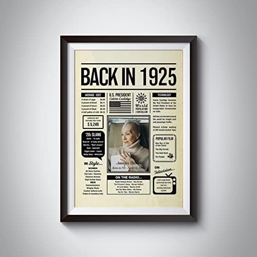 Personalized 100 year old birthday gifts - Back in 1925 Poster - Centerpiece Table Decorations 100th Birthday Party - Custom Born in 1925 Newspaper Vintage Poster for Men, Women