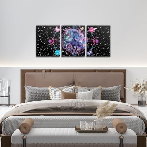 Feelyou Galaxy Unicorn 3 Piece Canvas Wall Art for Living Room Bedroom Solar System Wall Art for Home Decor Sun Moon Office Wall Decor Space Outer Sky Wall Painting