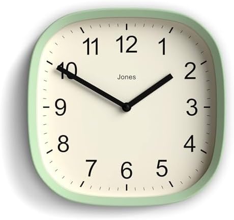 JONES CLOCKS® Sprite wall Clock | Modern Retro Rounded Square Clock | 10" | Neo Mint Green | Easy to Read Numbers | Perfect for Kitchen or Office