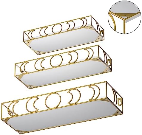 Moon Phase Wall Shelf, 3 Gold Side White Base Floating Shelves