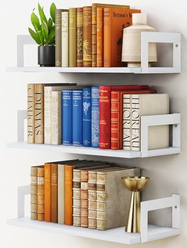 Harwaya White Wall Bookshelf for Kids Room, Small Floating Book Shelf for Teen Girls Boys Bedroom, 8 Inch Deep Wall Mounted Bookshelves for Office Living Room Bathroom Decor (3-Pack)